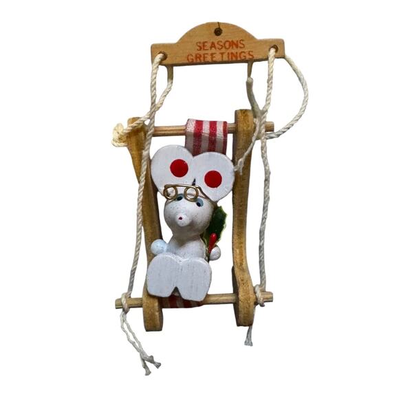 1970s Vintage Christmas White Mouse on Wooden Swing Chair Ornament Holiday Decor - Picture 1 of 6